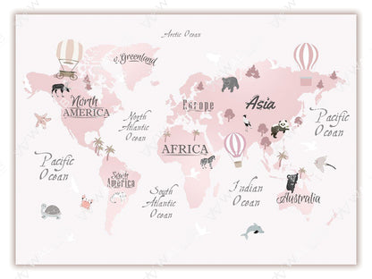 This whimsical map illustration showcases a pastel pink world map adorned with playful animal icons and elements like hot air balloons, turtles, and palm trees. The continents are labeled with a charming font, adding a decorative and educational touch to the design.