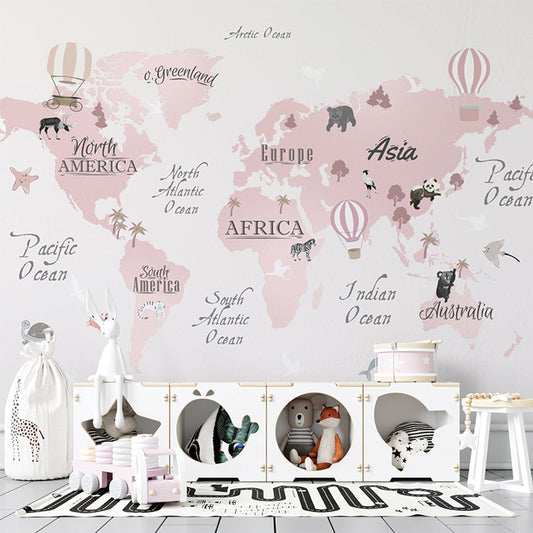 This whimsical map illustration showcases a pastel pink world map adorned with playful animal icons and elements like hot air balloons, turtles, and palm trees. The continents are labeled with a charming font, adding a decorative and educational touch to the design.