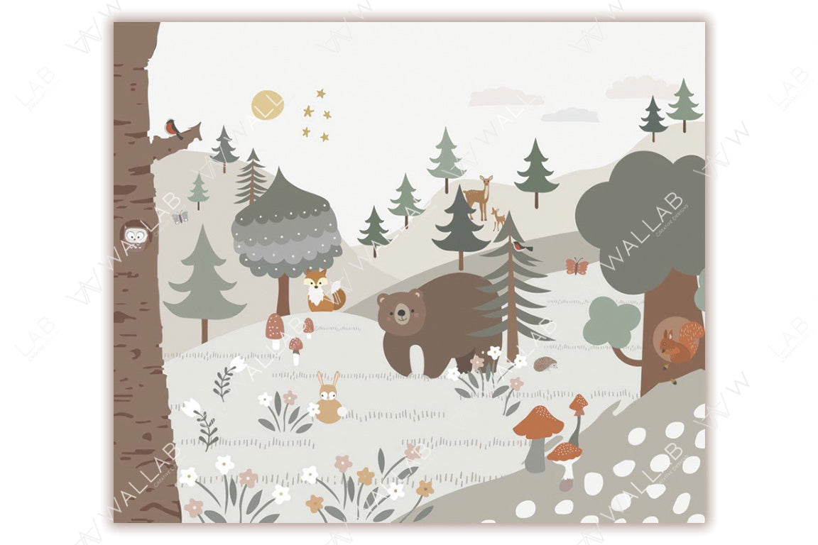 A whimsical woodland scene featuring a smiling bear, fox, and rabbit amidst a forest of stylized trees, mushrooms, and flowers. Birds, butterflies, and deer add charm to the serene landscape under a sunny, starry sky.