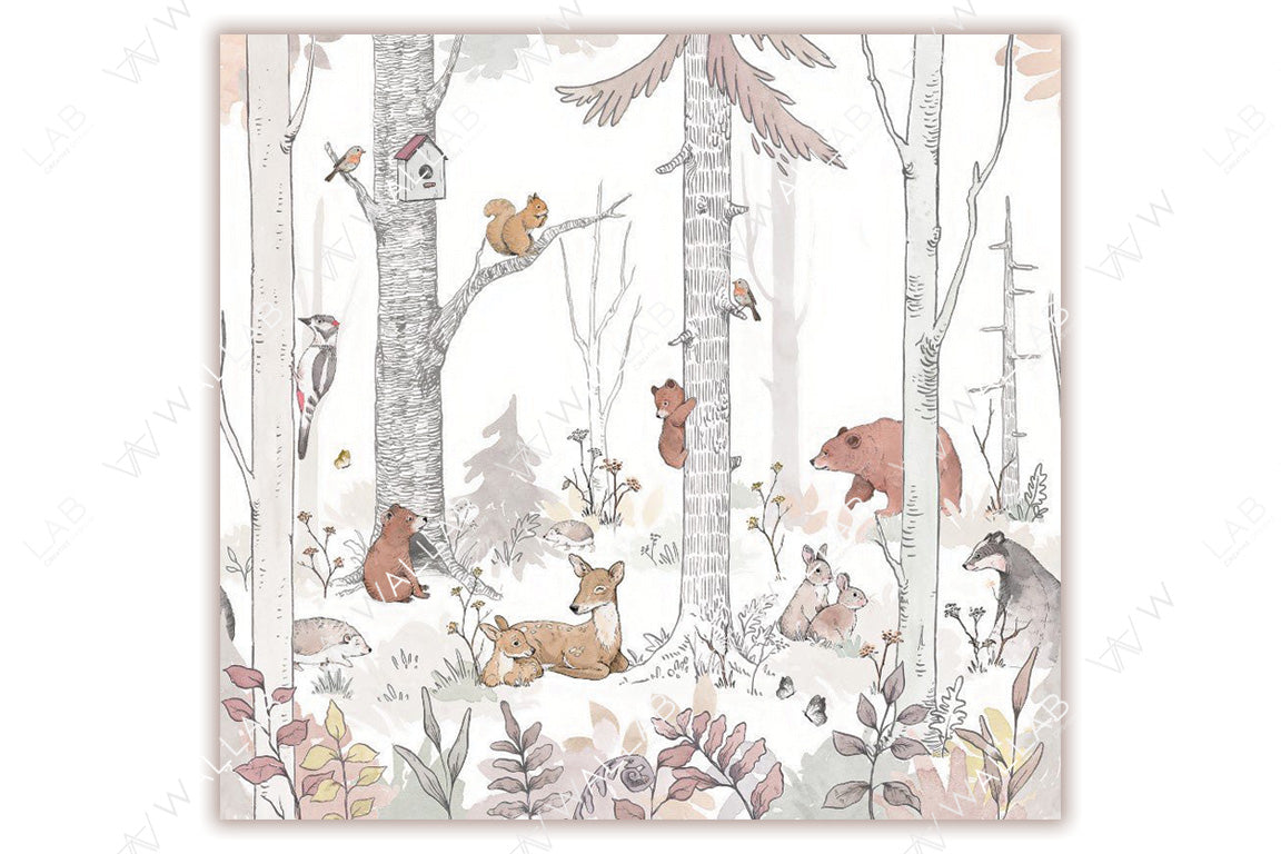 This whimsical woodland illustration depicts a lively forest scene filled with various animals such as a bear, playful bear cubs climbing trees, a deer and fawn resting, rabbits, and a badger among the foliage. Birds, including a woodpecker and robin, add charm to the serene setting, while a squirrel perches near a birdhouse on a birch tree.