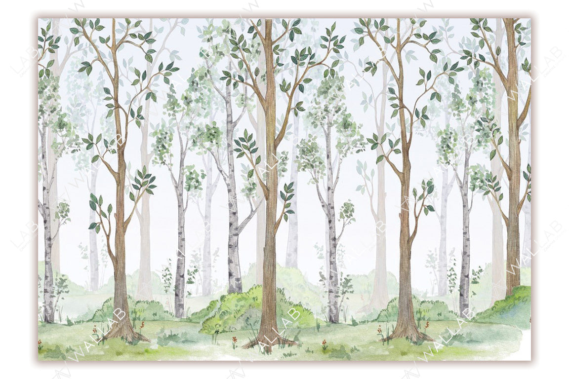 A lush forest with tall, slender trees featuring detailed trunks and delicate green leaves. The soft gradient background highlights the depth of the forest, with layers of foliage, shrubs, and a calming palette of greens and browns. It creates a tranquil and natural ambiance.