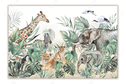 This beautifully illustrated jungle scene features a giraffe, zebra, lioness, and her cub nestled among lush tropical foliage. A majestic elephant and her calf add to the heartwarming composition, while birds, including a toucan and cranes, fly above. The greenery and animal diversity evoke the vibrancy of the jungle in a serene and artistic way.