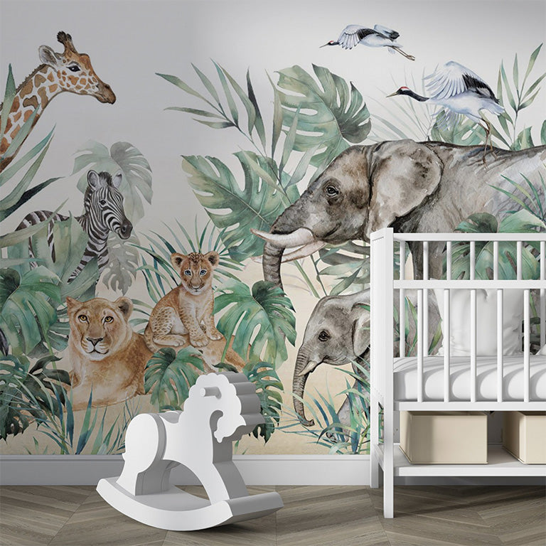 This beautifully illustrated jungle scene features a giraffe, zebra, lioness, and her cub nestled among lush tropical foliage. A majestic elephant and her calf add to the heartwarming composition, while birds, including a toucan and cranes, fly above. The greenery and animal diversity evoke the vibrancy of the jungle in a serene and artistic way.