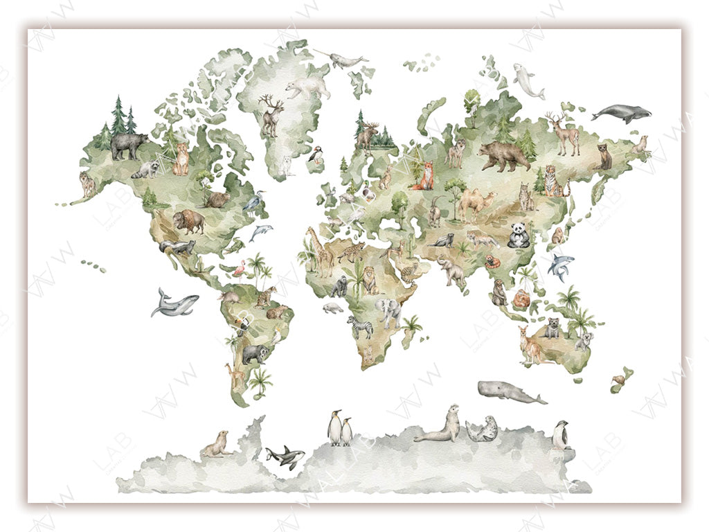 This illustrated world map showcases animals from different continents and regions, including polar bears in the Arctic, lions and giraffes in Africa, pandas in Asia, and kangaroos in Australia. Each continent features native wildlife surrounded by subtle watercolor-style greenery.