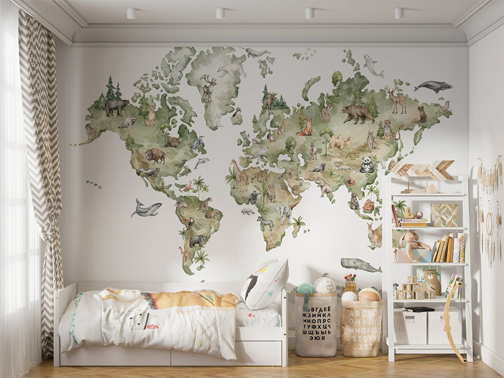 This illustrated world map showcases animals from different continents and regions, including polar bears in the Arctic, lions and giraffes in Africa, pandas in Asia, and kangaroos in Australia. Each continent features native wildlife surrounded by subtle watercolor-style greenery.