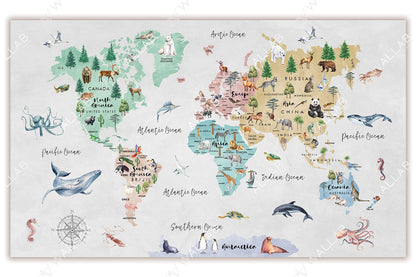 A whimsical world map showcasing continents with animal illustrations representing their native wildlife, including polar bears in the Arctic, kangaroos in Australia, and lions in Africa. The oceans are labelled and feature marine life like whales and octopuses, while colourful trees and landscapes decorate each region. A compass at the bottom adds a classic cartographic touch, making it ideal for educational or decorative purposes.