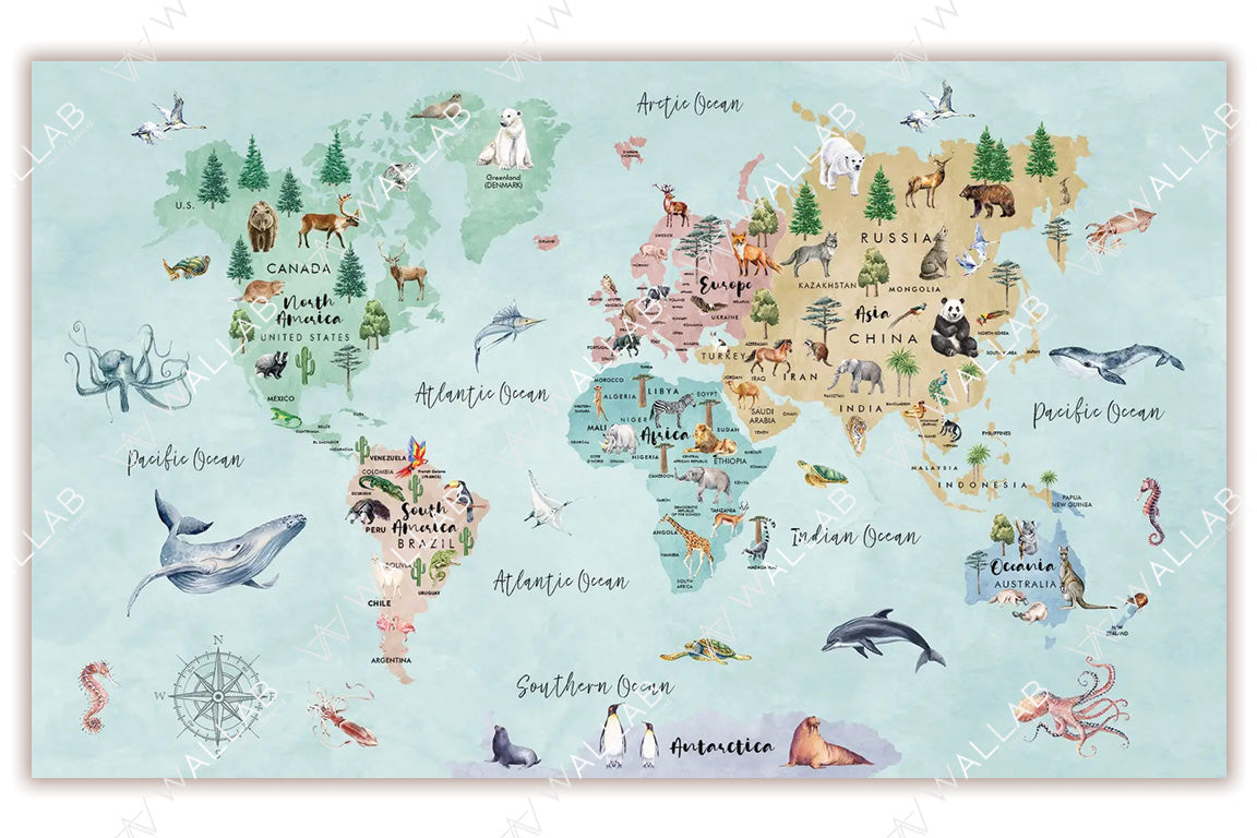 A whimsical world map showcasing continents with animal illustrations representing their native wildlife, including polar bears in the Arctic, kangaroos in Australia, and lions in Africa. The oceans are labelled and feature marine life like whales and octopuses, while colourful trees and landscapes decorate each region. A compass at the bottom adds a classic cartographic touch, making it ideal for educational or decorative purposes.