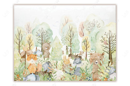 A whimsical illustration showcases a vibrant forest scene populated with adorable hand-drawn woodland animals, including foxes, bears, raccoons, and squirrels. The soft pastel colors of the trees and foliage create a playful, storybook-like atmosphere, while charming details like birds and berries add depth and warmth.