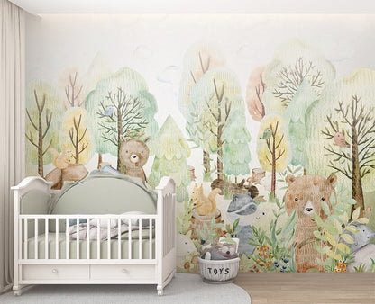 A whimsical illustration showcases a vibrant forest scene populated with adorable hand-drawn woodland animals, including foxes, bears, raccoons, and squirrels. The soft pastel colors of the trees and foliage create a playful, storybook-like atmosphere, while charming details like birds and berries add depth and warmth.