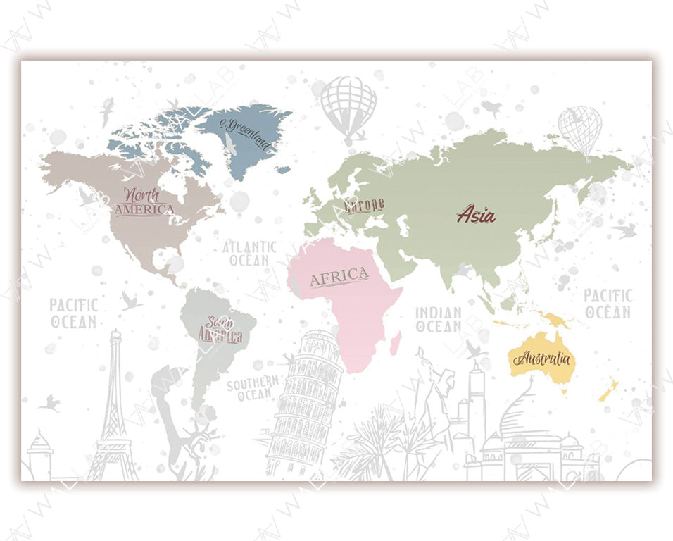 A world map with continents labeled in pastel shades, including North America in taupe, South America in green, Africa in pink, Asia in light green, and Australia in yellow. Surrounding the map are soft sketches of global landmarks, such as the Eiffel Tower, Leaning Tower of Pisa, and iconic cultural symbols, adding a travel-themed aesthetic.