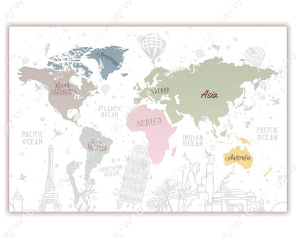 A world map with continents labeled in pastel shades, including North America in taupe, South America in green, Africa in pink, Asia in light green, and Australia in yellow. Surrounding the map are soft sketches of global landmarks, such as the Eiffel Tower, Leaning Tower of Pisa, and iconic cultural symbols, adding a travel-themed aesthetic.