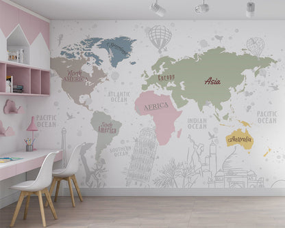 A world map with continents labeled in pastel shades, including North America in taupe, South America in green, Africa in pink, Asia in light green, and Australia in yellow. Surrounding the map are soft sketches of global landmarks, such as the Eiffel Tower, Leaning Tower of Pisa, and iconic cultural symbols, adding a travel-themed aesthetic.