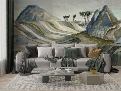 A surreal desert landscape with layered, striped dunes in earthy tones. In the background, jagged rock formations and a cluster of palm trees create a striking contrast against the soft, painterly texture. Perfect for adding a bold, artistic touch to interiors inspired by nature and fantasy.