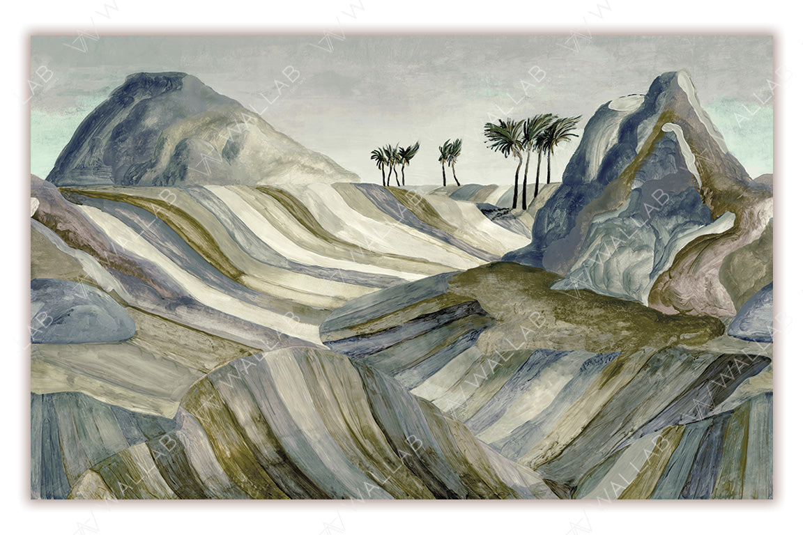 A surreal desert landscape with layered, striped dunes in earthy tones. In the background, jagged rock formations and a cluster of palm trees create a striking contrast against the soft, painterly texture. Perfect for adding a bold, artistic touch to interiors inspired by nature and fantasy.