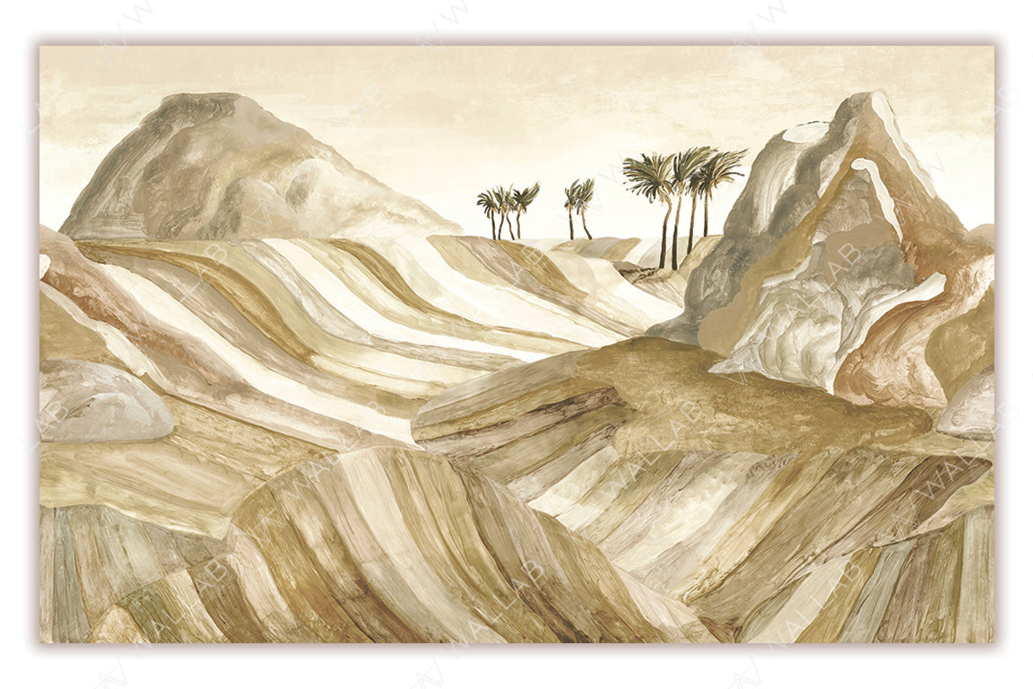 A surreal desert landscape with layered, striped dunes in earthy tones. In the background, jagged rock formations and a cluster of palm trees create a striking contrast against the soft, painterly texture. Perfect for adding a bold, artistic touch to interiors inspired by nature and fantasy.