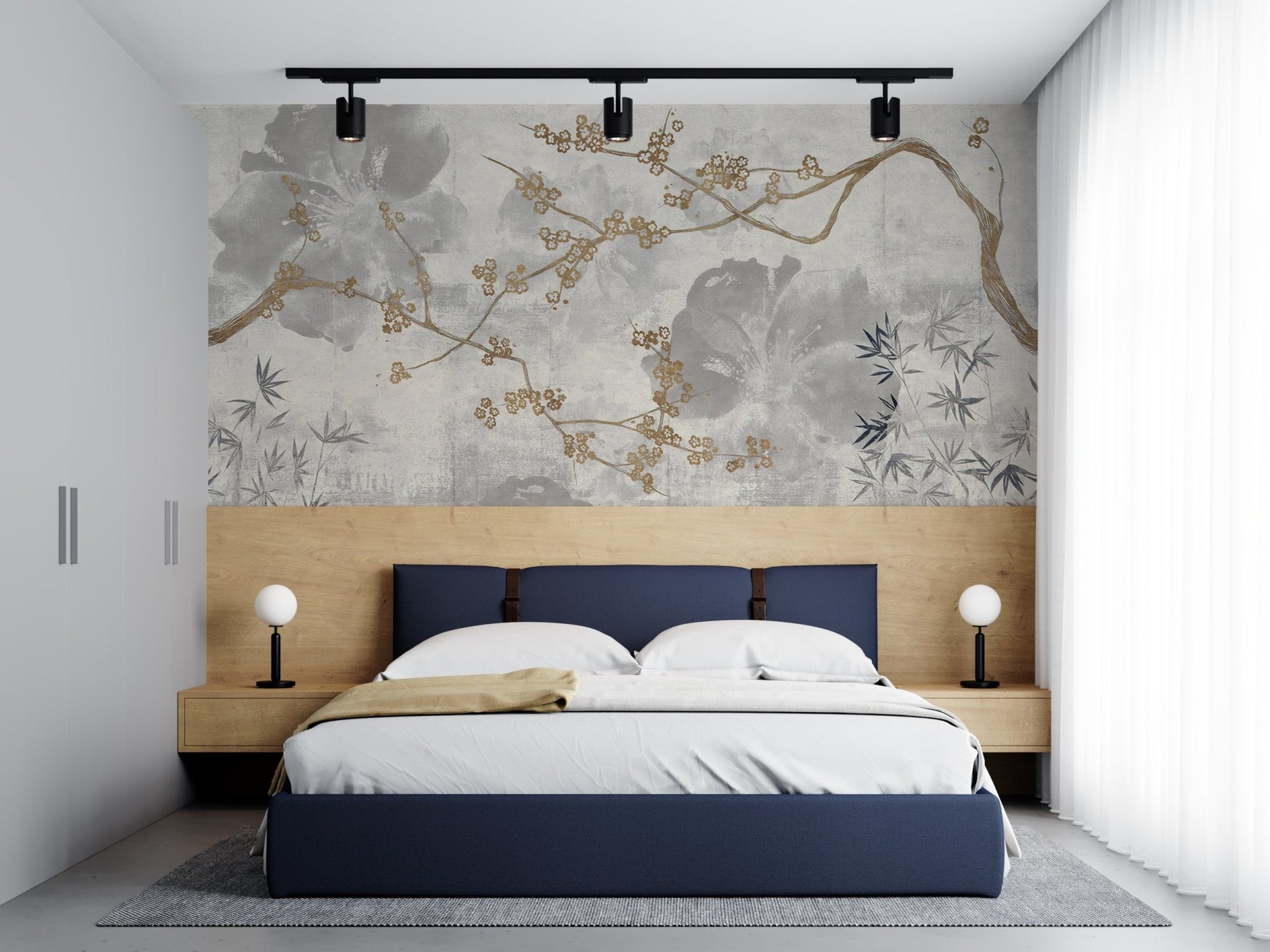 A decorative mural featuring delicate cherry blossoms on a winding branch, set against a textured background with soft floral and bamboo motifs. The blend of accents and muted tones creates an elegant, Asian-inspired aesthetic, ideal for a serene and sophisticated space.