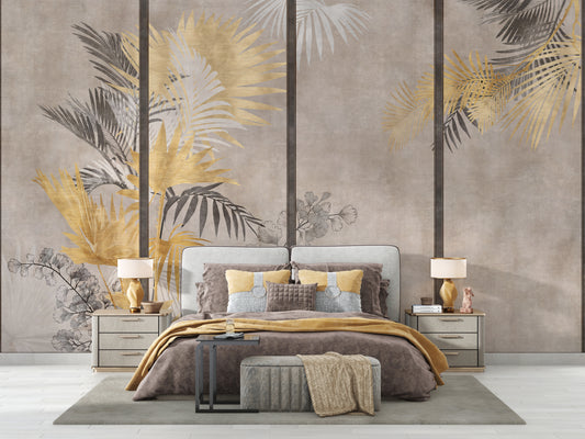 A decorative wall panel design featuring vertical sections with muted beige backgrounds adorned with artistic foliage. Vibrant yellow and gray palm leaves elegantly emerge from different sections, creating a harmonious and balanced botanical theme with a modern, sophisticated touch.