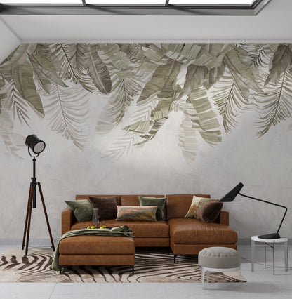 A soothing mural design featuring lush green palm leaves and tropical foliage cascading from the top against a soft, neutral background. The delicate shading and muted tones create a tranquil and natural atmosphere, ideal for a calming, tropical-inspired aesthetic.