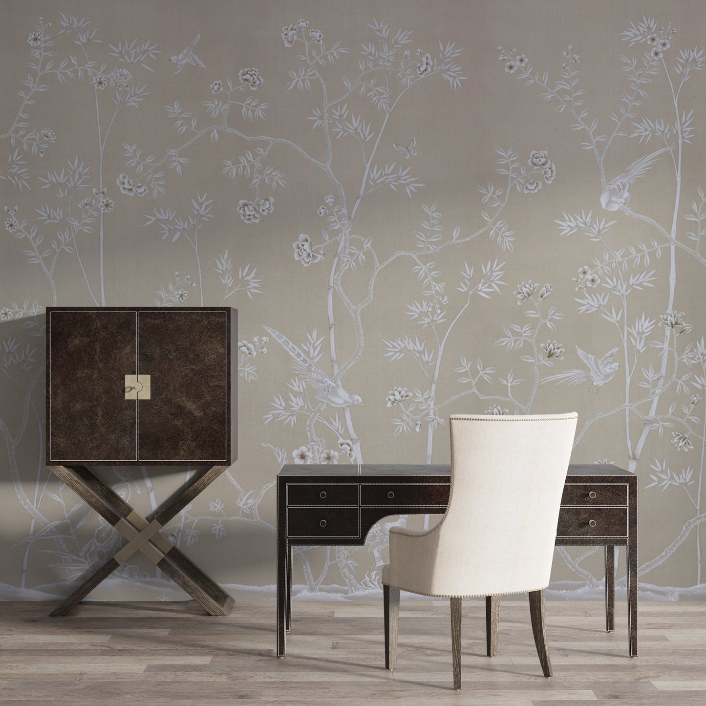 A monochromatic botanical scene with delicate flowering branches and scattered birds perched and in flight. The subtle beige background enhances the intricate white detailing of the flora and fauna, creating an elegant and tranquil atmosphere. Perfect for minimalist and refined interiors.