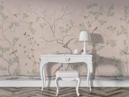 An elegant mural featuring intertwining branches adorned with delicate blossoms and perched birds, set against a soft background. The intricate details of flowers, leaves, and birds create a tranquil, timeless aesthetic with a touch of nature-inspired sophistication.