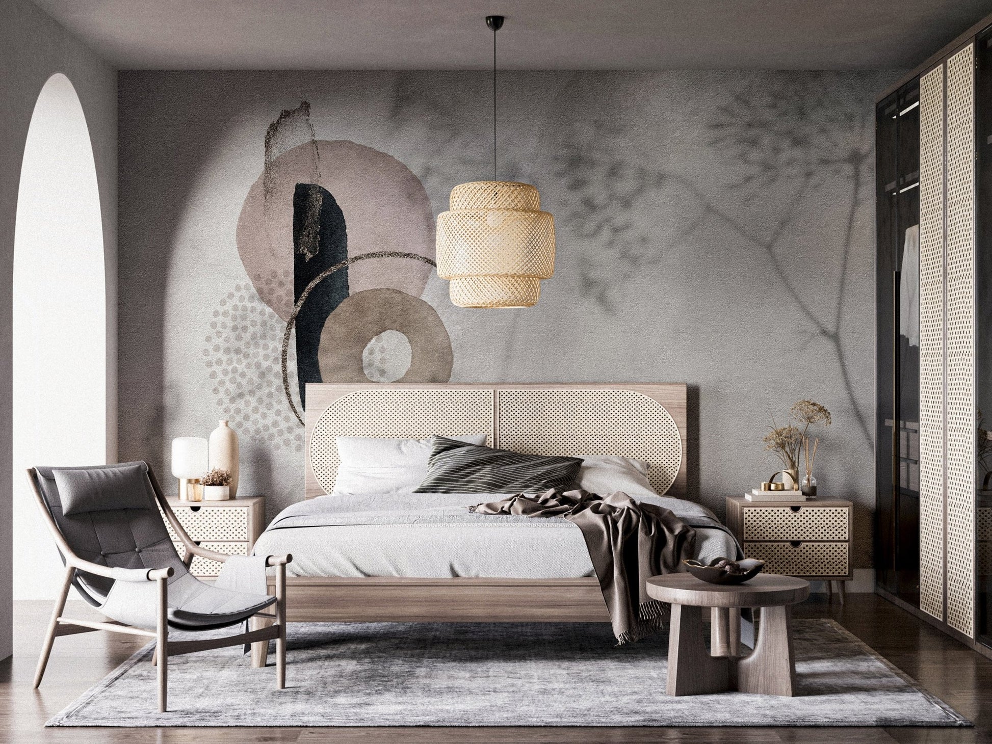 An abstract design with layered shapes in muted tones such as beige, dusty pink, and charcoal. It features a mix of organic circles, textured brushstrokes, and dotted patterns, set against a soft background with subtle botanical silhouettes. The overall composition exudes a modern and minimalist aesthetic.