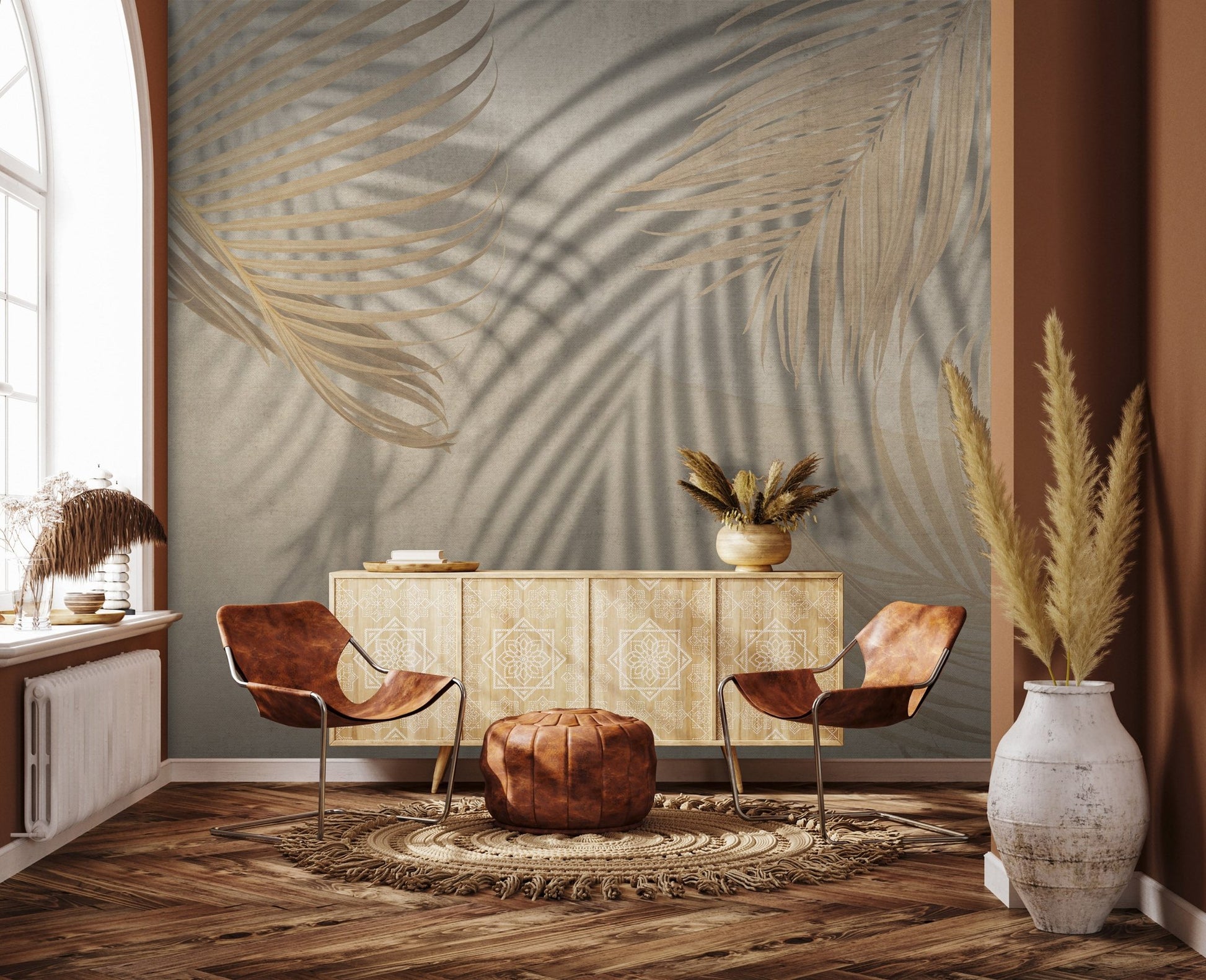 A calming mural design featuring delicate beige palm leaves over a soft, textured background. The shadow play adds depth and dimension, creating a serene and tropical-inspired atmosphere with a minimalist aesthetic.