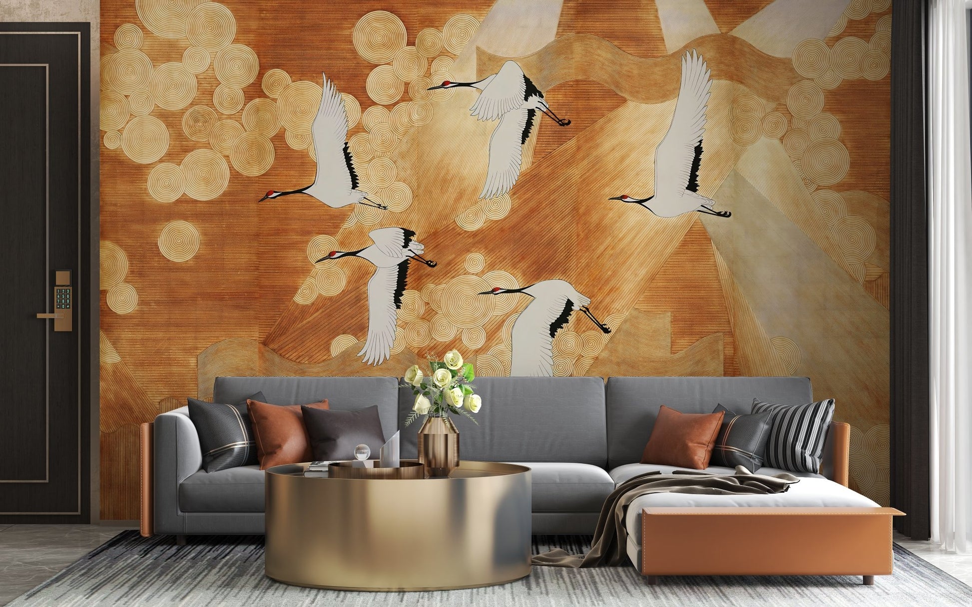 An artistic depiction of cranes in flight against a radiant background of warm golden hues and intricate patterns. Circular motifs and textured rays create a dynamic sense of movement and energy, blending traditional and contemporary design elements. The harmonious composition evokes elegance and serenity, ideal for a sophisticated and nature-inspired aesthetic.