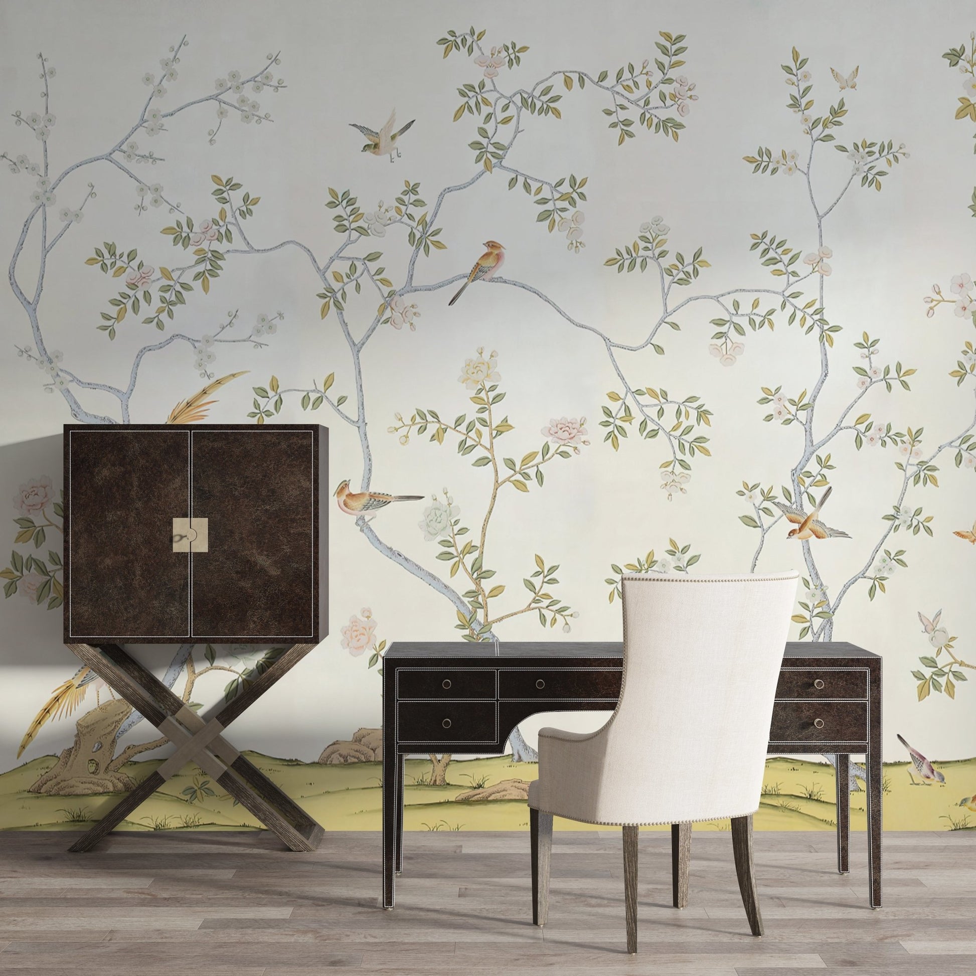 A delicate garden scene featuring thin, flowering branches adorned with small birds perched and in flight. The soft pastel tones and minimal backdrop create a serene, airy aesthetic. Perfect for evoking a peaceful, natural ambiance in any space.