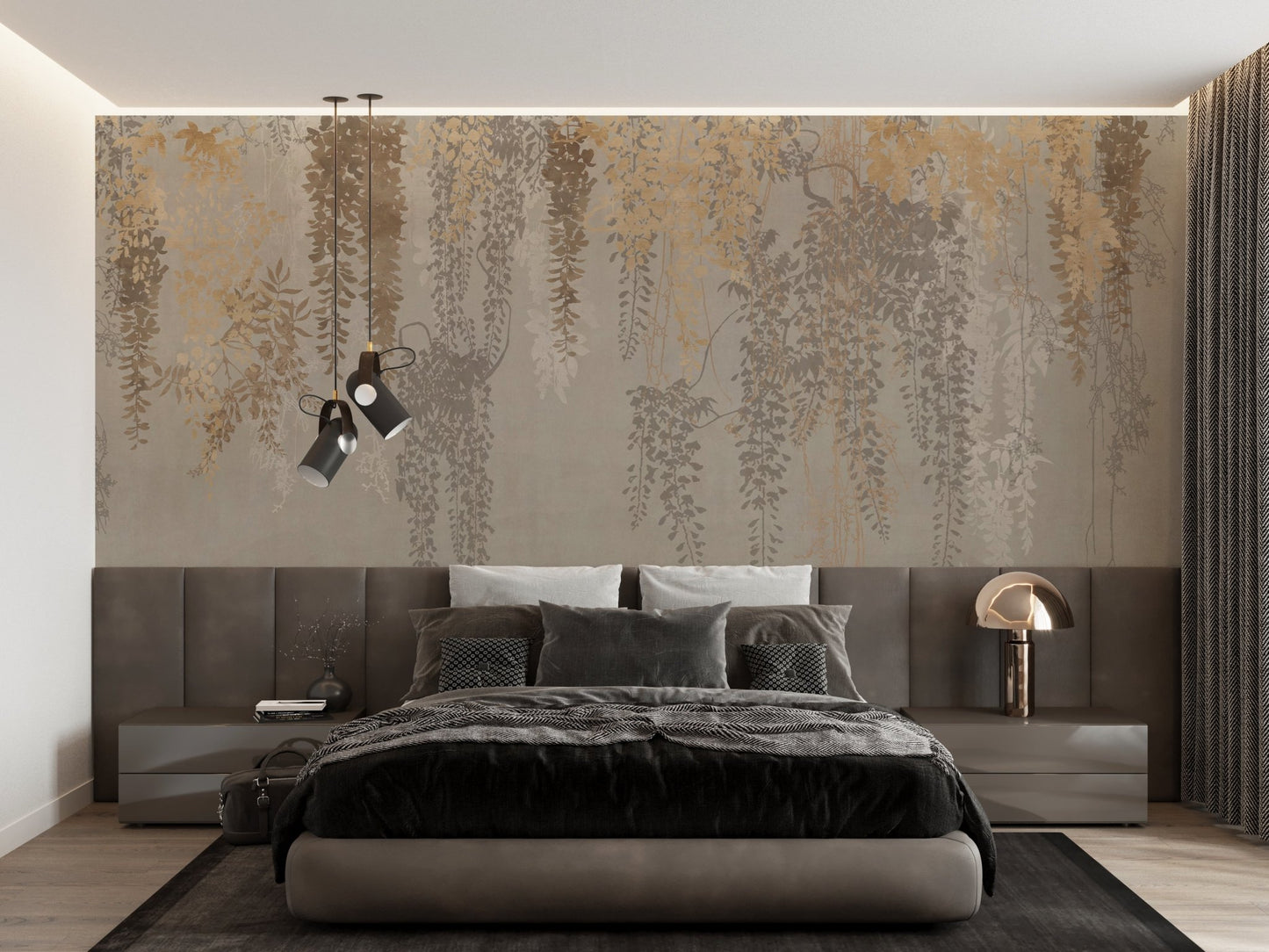 A serene mural featuring cascading wisteria-like foliage in shades of gold, beige, and soft brown. The muted background with subtle hills and mist adds depth and tranquility, evoking a dreamy, nature-inspired atmosphere.