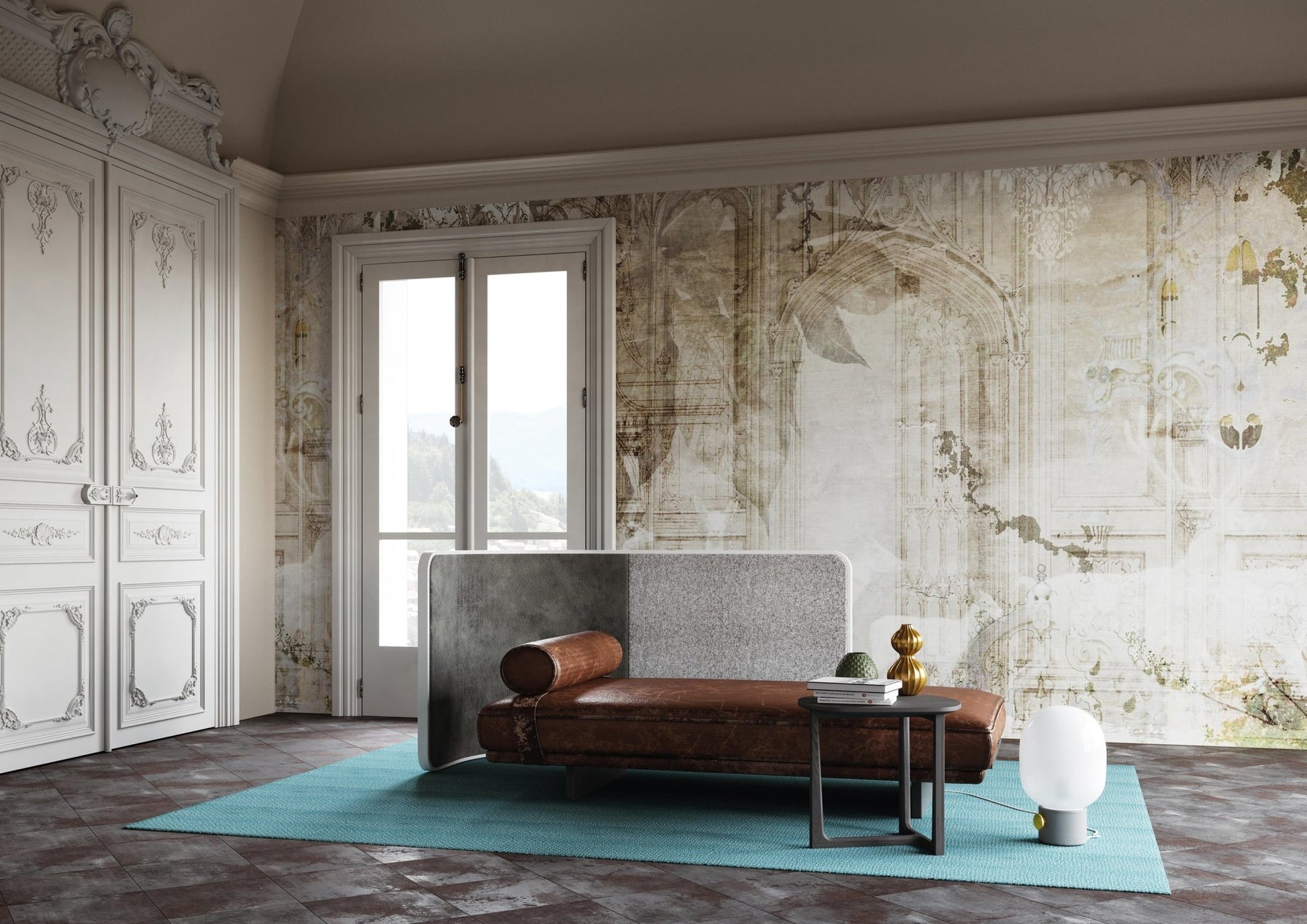 a dreamy, layered composition of faded architectural elements, such as ornate arches and intricate windows, combined with ghostly silhouettes of deer and soft foliage. The muted tones of beige, gray, and subtle greens create a vintage, ethereal atmosphere. The design evokes a sense of mystery and timeless elegance