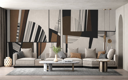 An abstract composition of geometric shapes and lines in earthy tones like brown, beige, and black. Large circles intersect with sharp lines and rectangles, creating a layered, modern art aesthetic. The design is balanced and visually dynamic, emphasizing contrast and structure.