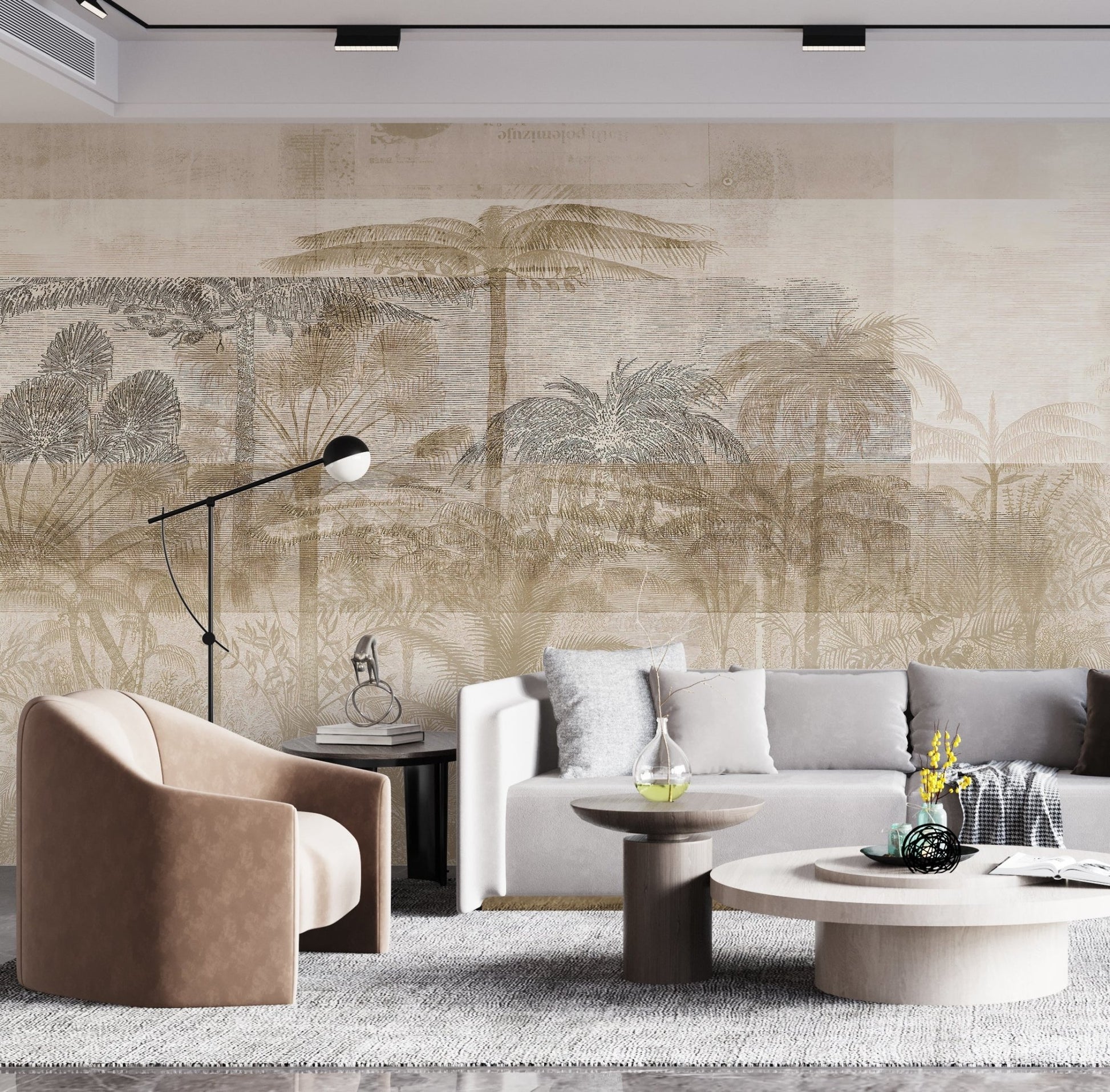 Etched-style tropical landscape with palm trees, foliage, and distant water reflections. The design uses soft beige tones and layered textures to evoke a vintage and serene atmosphere, resembling an antique botanical illustration.