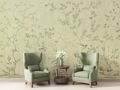 A serene botanical scene with delicately illustrated trees, blooming flowers, and vibrant birds perched and in flight. The light yellow background emphasizes the intricate details and soft pastel hues, creating a cheerful and nature-inspired ambiance. Perfect for bright and elegant spaces.