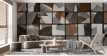 A geometric pattern composed of rectangular grids, each filled with abstract shapes and curved forms. The design creates a dynamic interplay of colors and textures, with a modern, mosaic-like aesthetic. Perfect for contemporary decor or artistic interior accents.