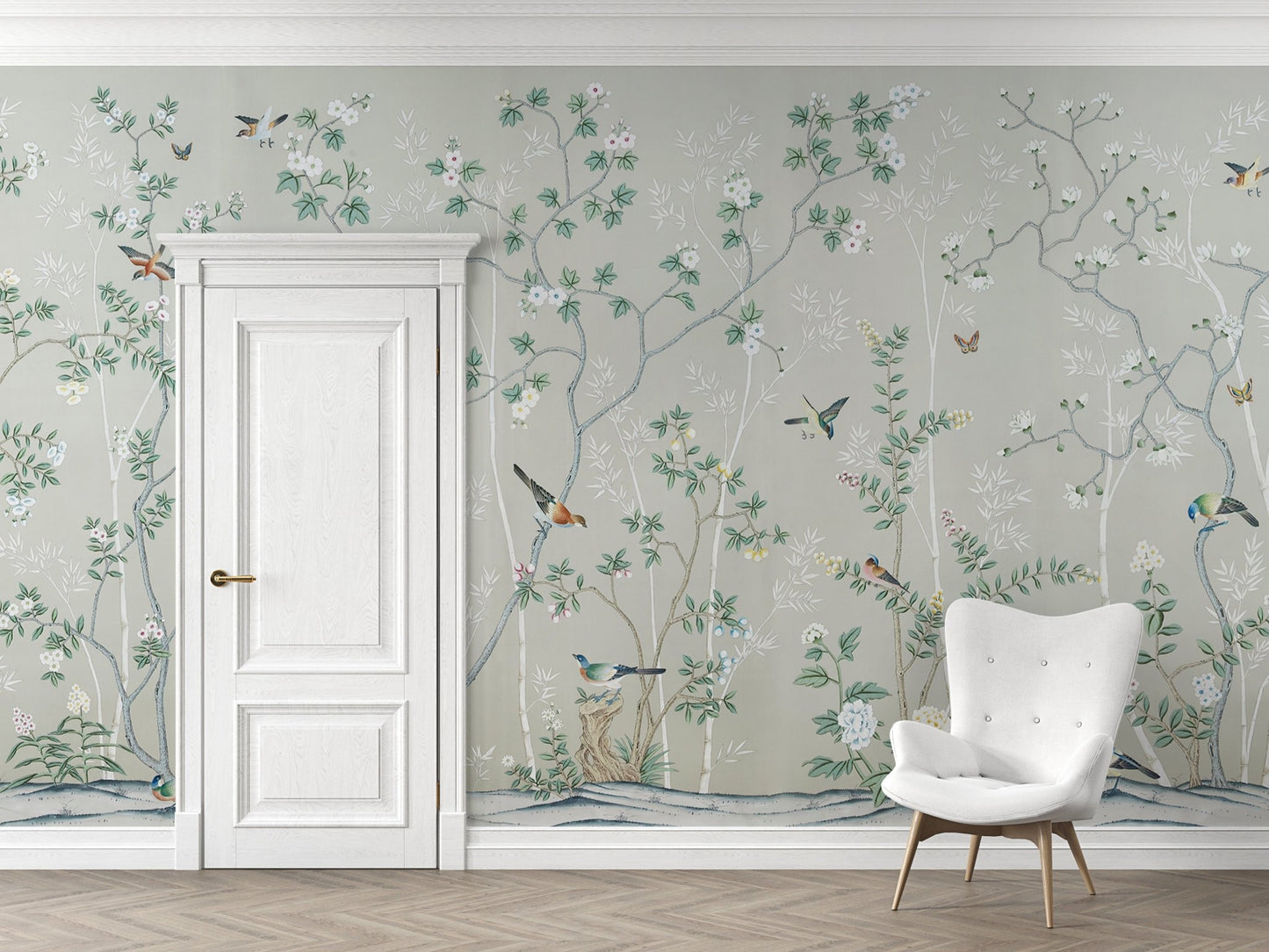 A delicate and elegant design featuring slender tree branches adorned with blossoms and leaves, set against a soft pastel green background. Various birds in vibrant colors perch and flutter among the branches, accompanied by butterflies, creating a lively yet serene composition. Ideal for a nature-inspired or classic decorative theme.