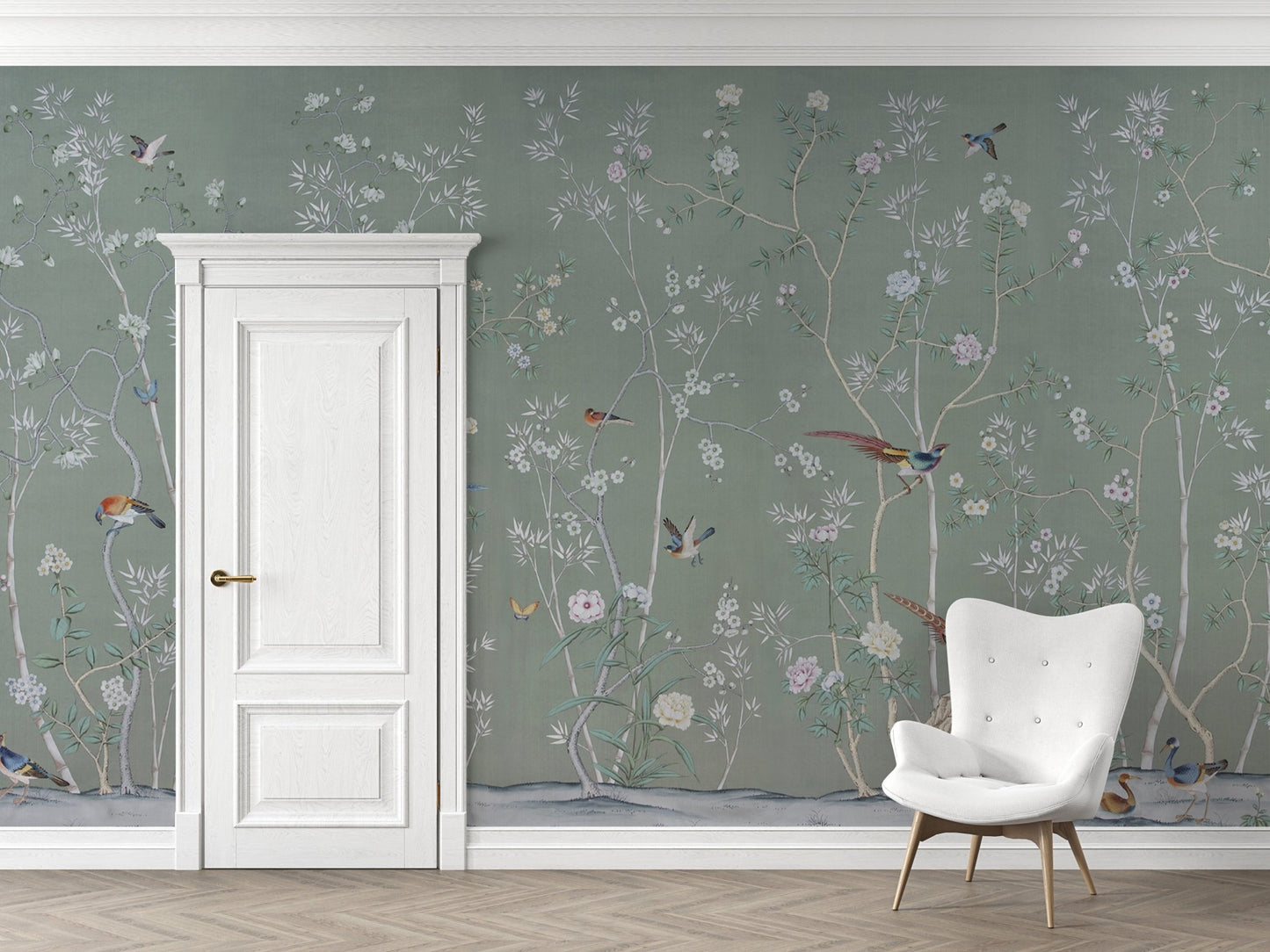 A graceful nature scene with slender trees and delicate blossoms set against a muted green background. Birds of various colors perch and flutter amidst the branches, adding vibrant life to the composition. The intricate details and serene palette make it ideal for classic or nature-inspired decor.